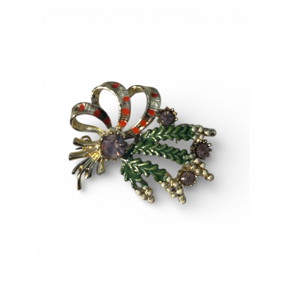 Vintage Signed Exquisite Scottish Lucky Heather‎ Purple Rhinestone Ribbon Brooch